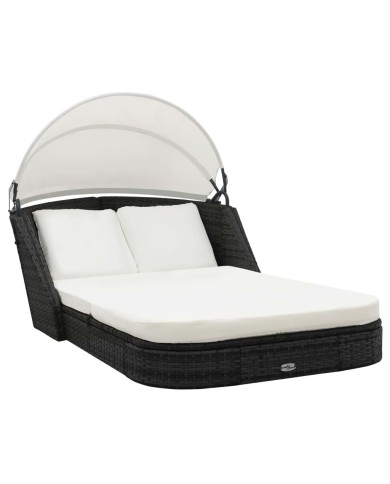 Chaise longue avec auvent Résine tressée Noir