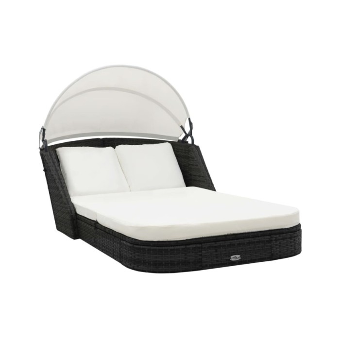 Chaise longue avec auvent Résine tressée Noir