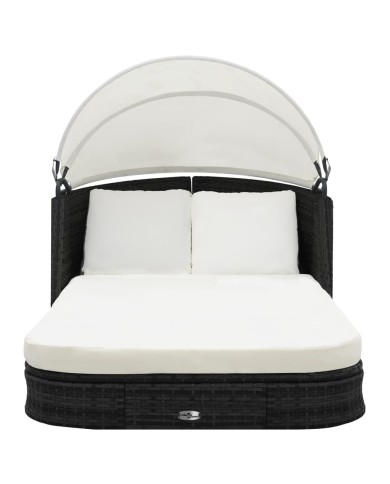 Chaise longue avec auvent Résine tressée Noir