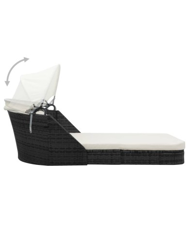 Chaise longue avec auvent Résine tressée Noir