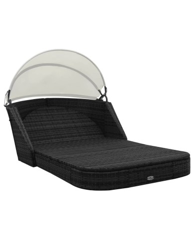 Chaise longue avec auvent Résine tressée Noir
