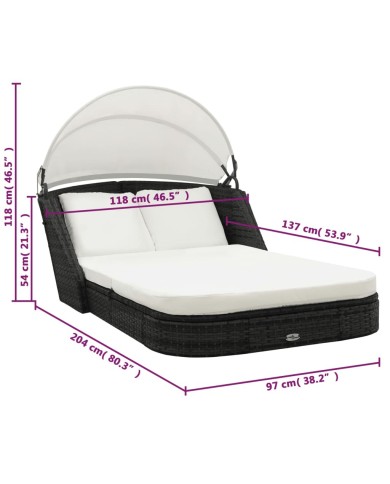 Chaise longue avec auvent Résine tressée Noir