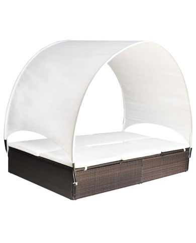 Chaise longue double avec auvent Résine tressée Marron