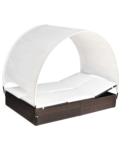 Chaise longue double avec auvent Résine tressée Marron