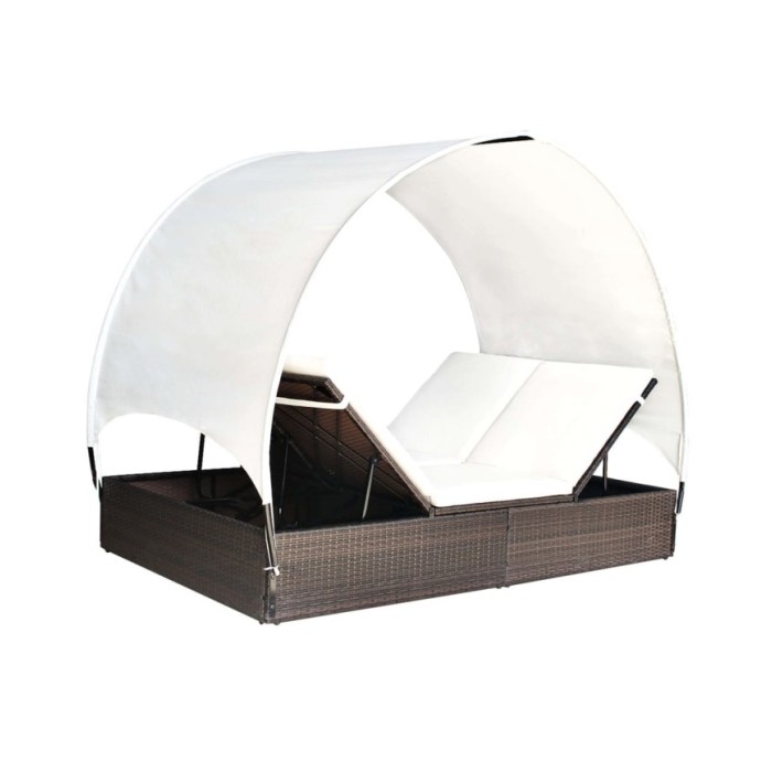 Chaise longue double avec auvent Résine tressée Marron