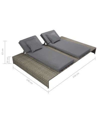 Chaise longue double avec coussin Résine tressée Gris
