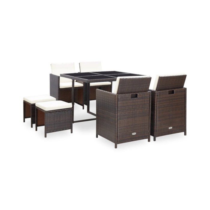 Salon de jardin encastrable et coussins 9 pcs Rotin Marron