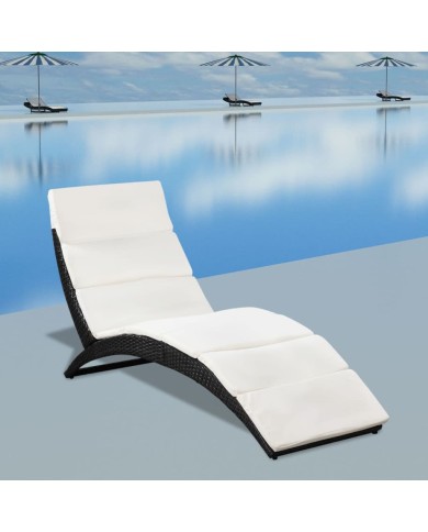 Chaise longue pliable avec coussin Résine tressée Noir