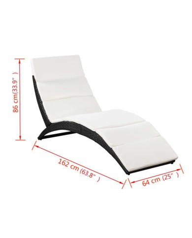 Chaise longue pliable avec coussin Résine tressée Noir