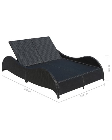 Chaise longue double avec coussin Résine tressée Noir