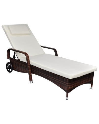 Chaise longue avec coussin et roues Résine tressée Marron