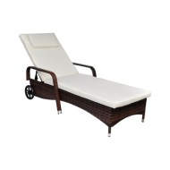 Chaise longue avec coussin et roues Résine tressée Marron
