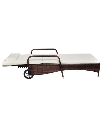 Chaise longue avec coussin et roues Résine tressée Marron