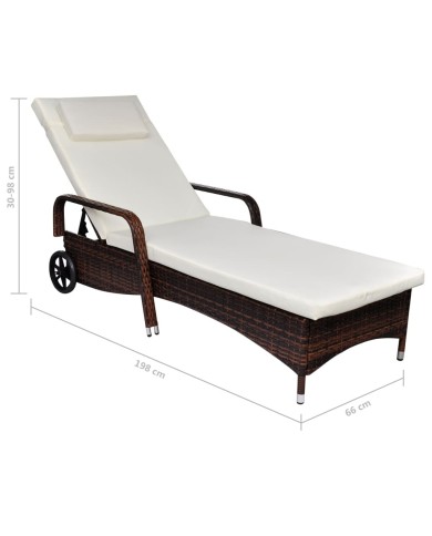 Chaise longue avec coussin et roues Résine tressée Marron