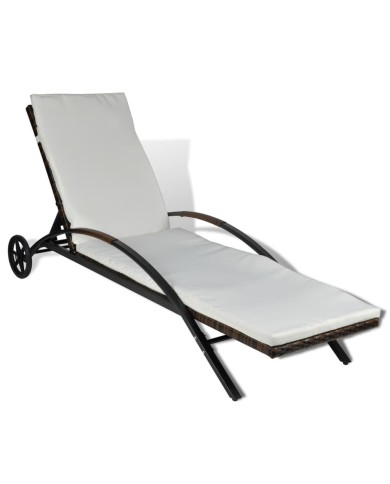 Chaise longue avec coussin et roues Résine tressée Marron