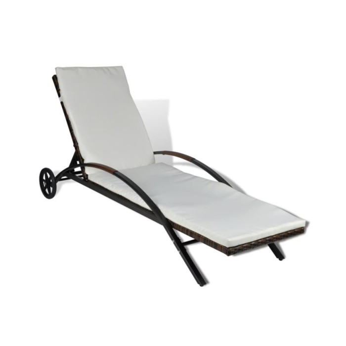 Chaise longue avec coussin et roues Résine tressée Marron