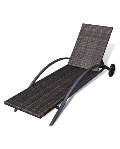 Chaise longue avec coussin et roues Résine tressée Marron