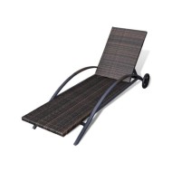 Chaise longue avec coussin et roues Résine tressée Marron