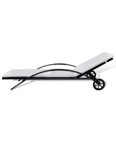 Chaise longue avec coussin et roues Résine tressée Noir