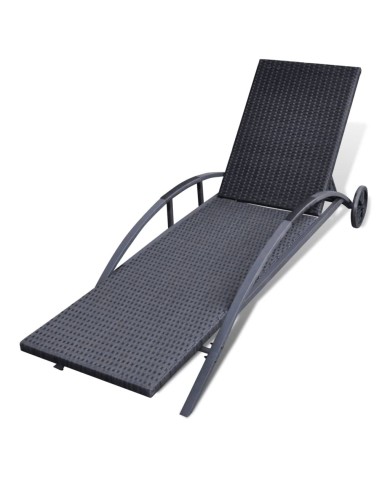 Chaise longue avec coussin et roues Résine tressée Noir