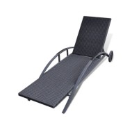 Chaise longue avec coussin et roues Résine tressée Noir