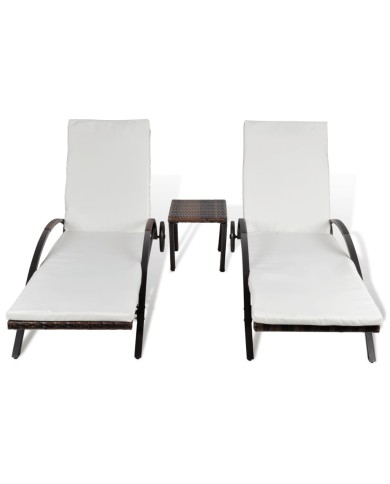 Chaises longues avec table Résine tressée Marron