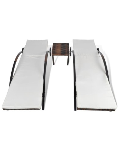 Chaises longues avec table Résine tressée Marron