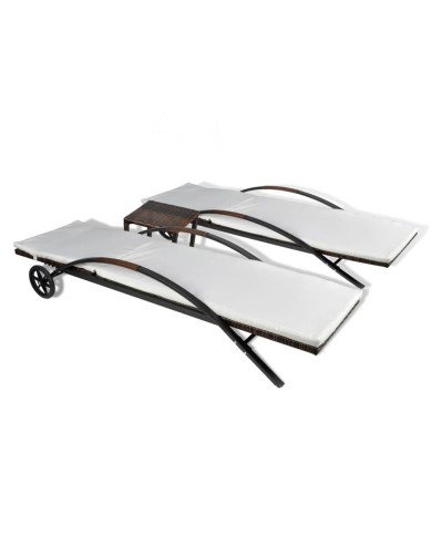 Chaises longues avec table Résine tressée Marron