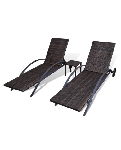 Chaises longues avec table Résine tressée Marron