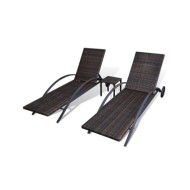 Chaises longues avec table Résine tressée Marron