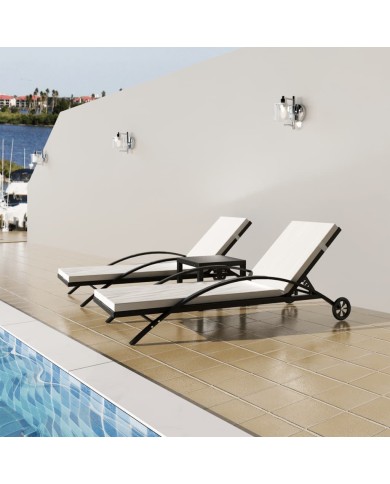 Chaises longues avec table Résine tressée Noir