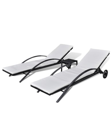 Chaises longues avec table Résine tressée Noir