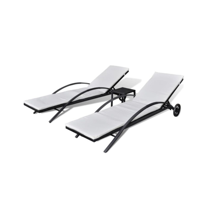 Chaises longues avec table Résine tressée Noir