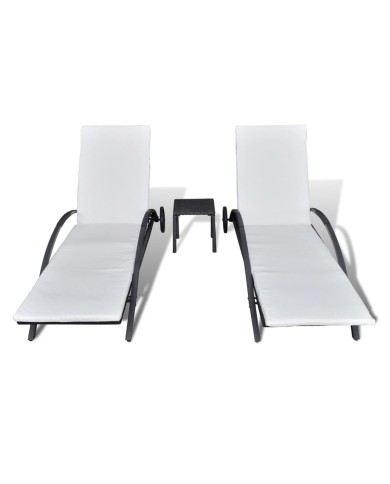 Chaises longues avec table Résine tressée Noir