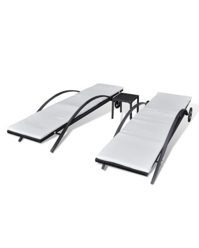 Chaises longues avec table Résine tressée Noir
