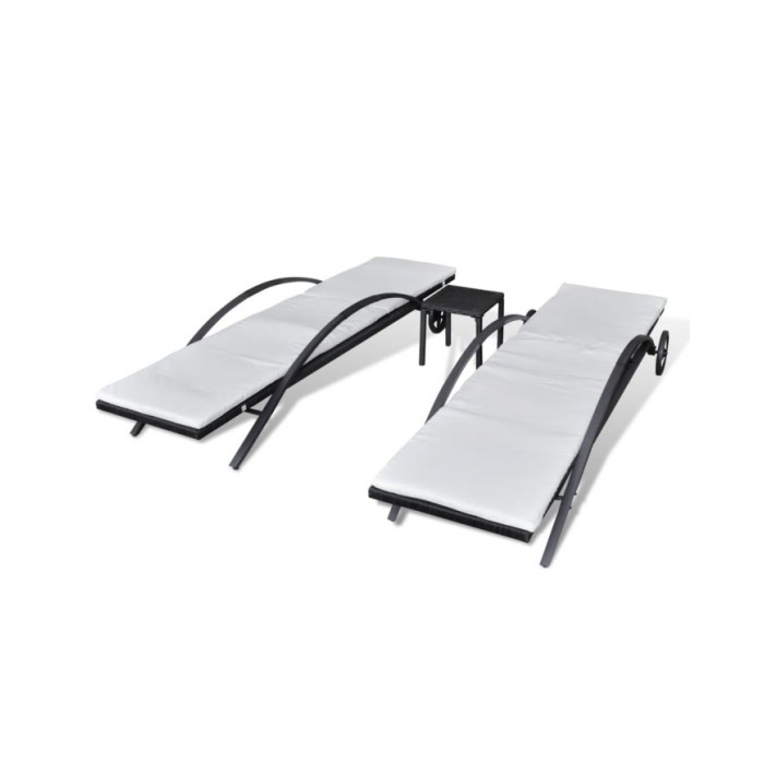 Chaises longues avec table Résine tressée Noir