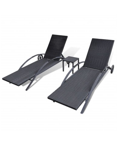 Chaises longues avec table Résine tressée Noir
