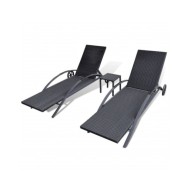 Chaises longues avec table Résine tressée Noir