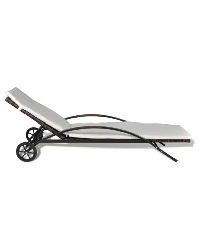 Chaise longue avec coussin et roues Résine tressée Marron