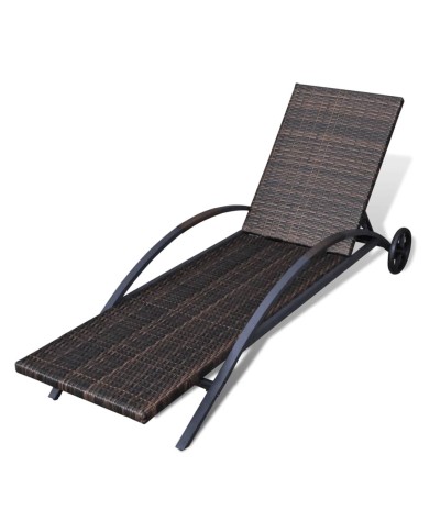Chaise longue avec coussin et roues Résine tressée Marron