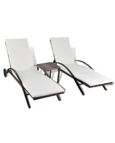 Chaises longues avec table Résine tressée Marron