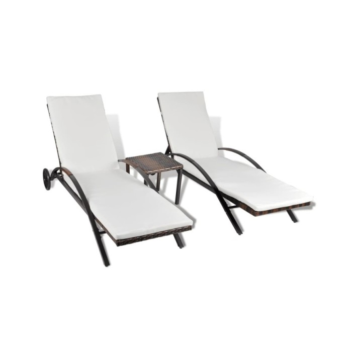 Chaises longues avec table Résine tressée Marron
