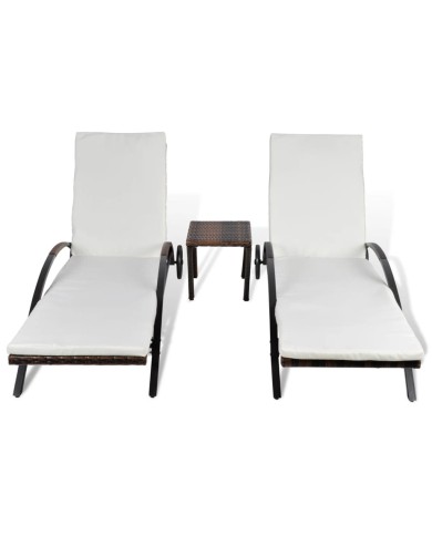 Chaises longues avec table Résine tressée Marron