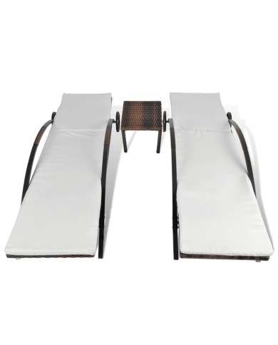 Chaises longues avec table Résine tressée Marron
