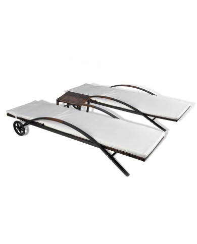 Chaises longues avec table Résine tressée Marron