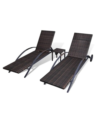 Chaises longues avec table Résine tressée Marron