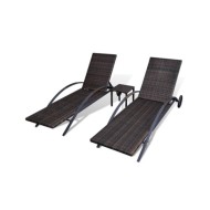 Chaises longues avec table Résine tressée Marron