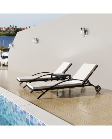 Chaises longues avec table Résine tressée Noir