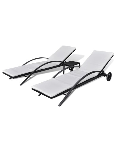 Chaises longues avec table Résine tressée Noir