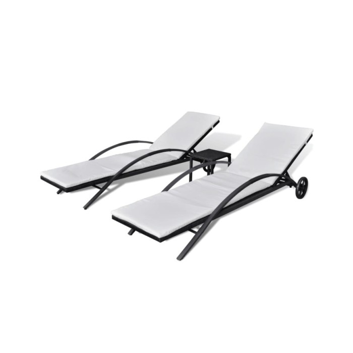 Chaises longues avec table Résine tressée Noir